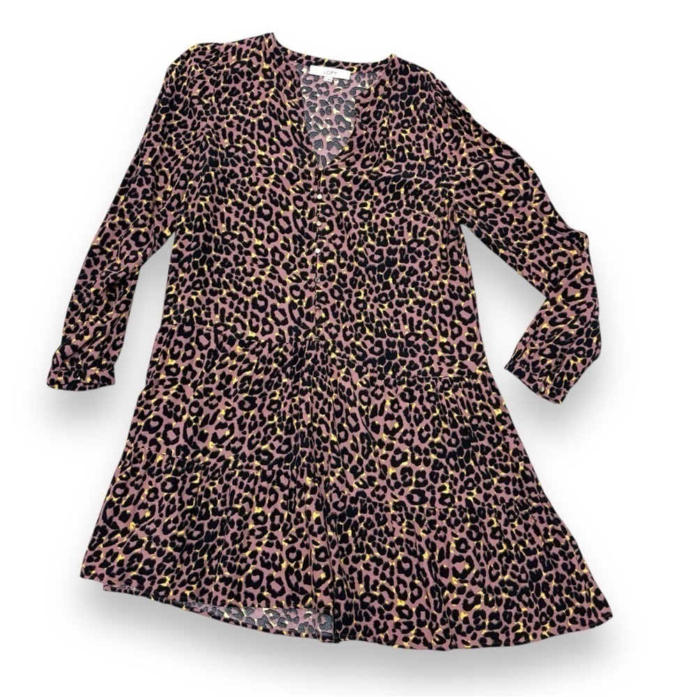Loft Brown Leopard Print Button Tiered Swing Dres… - image 2